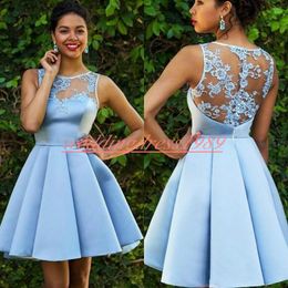 Fashion Sheer Lace Homecoming Dresses Sky Blue Crew Neck Knee Length Satin Cheap A-Line Short Prom Dress Juniors Cocktail Party Club Wear