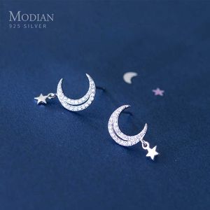 Mode brillant clair CZ lune boucle d'oreille pour les femmes véritable 925 en argent Sterling oreille broche Corée Style Fine Bijoux Bijoux 210707