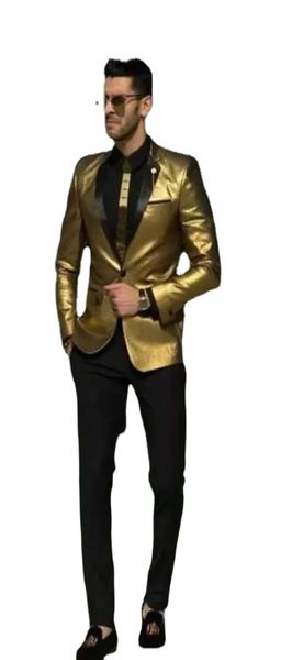 Trajes de boda dorados brillantes a la moda para hombre, esmoquin barato, ropa de novio ajustada, esmoquin de boda para hombre, chaqueta, pantalones