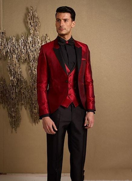 Mode Shinny Red Groom Tuxedos Black Peak Lapel Hommes Tuxedos De Mariage Hommes Veste Blazer Excellent Costume 3 Pièces (Veste + Pantalon + Cravate + Gilet) 1670