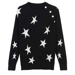 Mode-verzending 2017 zwart / grijs pentagram print trui vrouwen merk dezelfde stijl o hals lange mouwen schouderknoppen dames sweaters DH313