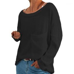 Camicia di moda Casual Maglieria da donna Girocollo caldo Taschino sul petto Top da donna T-shirt a maniche lunghe Donna Autunno Inverno 20201