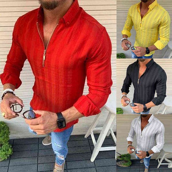 Mode Chemise Hommes Solide Fermeture Éclair Slim Fit Col En V Tops Vintage Slim Fit Automne À Manches Longues Muscle Tee T-shirt Casual Tops Blouse Y220426