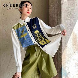 Mode Chemises Pour Femmes À Manches Longues Couleur Bloc Bouton Up Col Imprimé Chemise Blanc Top Et Blouse Style Coréen 210427