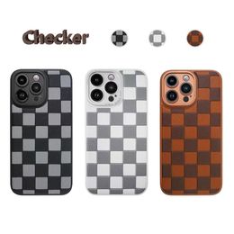 Mode schokbestendig PU lederen telefoonhoesje voor iPhone 14 Pro Max Checker Geometrische roosterpatroon Telefoonhoes voor iPhone 13 12 11 in OPP -tas