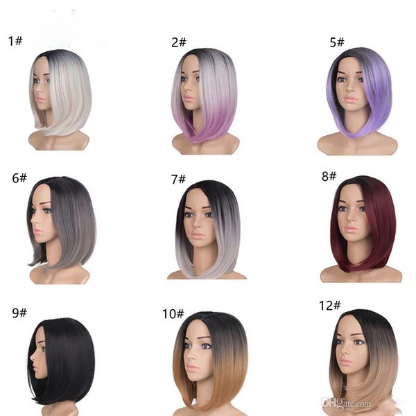 Fashion Short BOB Perruques Cheveux Raides Omber pour Femmes Noires Style Tête Complète 200g / Pack Bonne Qualité Fieber Synthétique Réel Épais Couleur Naturelle / Marron / Perruque Blonde 12 pouces