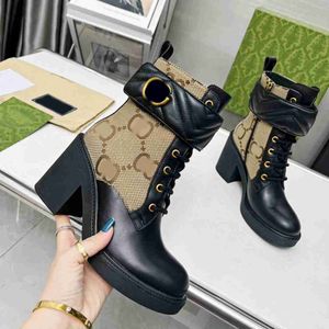 Botas cortas de moda Estilos de otoño e invierno Diseñador Tacones altos Botines Botas de cuero para mujer Retro con cordones Suelas gruesas Botas clásicas de fondo plano 35-42