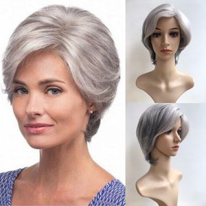 Moda corta gris plata peluca afro pelucas bob sintéticas rectas cabello natural para mujeres mayores ninguno peinado de encaje en stockfactory directo