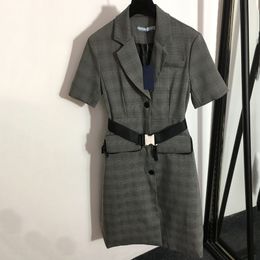 Mode korte mouw blazerjurken trendy pocket ontwerper rokken grijze revershals meisjesjurk