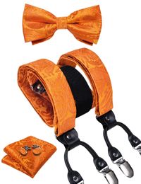 Fashion Silk Mens verstelbare Suspenders Orange Paisley Pre-Tied Bowtie Pocket Square Cufflinks Set for Wedding Party Business 240418