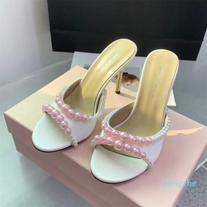 Mode soie perle décoration mules talons pantoufle satin perles talon aiguille sandale 9.5 cm designer Muller dîner chaussures de fête