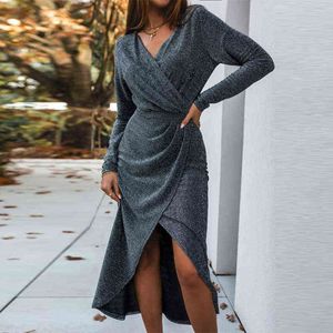 Mode Zijde Shiny Sequin Dames Jurk Lente Herfst Caual Lange Mouw Maxi Jurk Dame Sexy V-hals Wrap Split Solid Party Dress Y1204