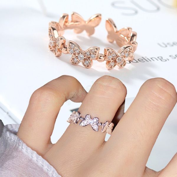 Anillo de mariposa de cristal de Color plateado a la moda, anillos abiertos ajustables con diamantes de imitación para mujeres y niñas, joyería de boda