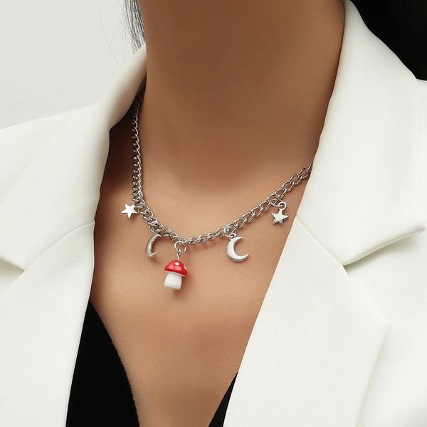 Colliers avec pendentifs en forme d'étoile et de lune pour femmes, chaîne en métal couleur argent, mignon, rouge et blanc, en résine, champignon, bijoux de fête