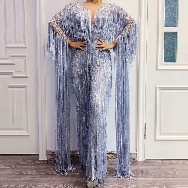 fashion- Silver Grey Fringe Sleeve Mesh Long Tassel Crystal Jumpsuit Stage Wear Birthday Célébrer la soirée DS Combinaisons DT1784