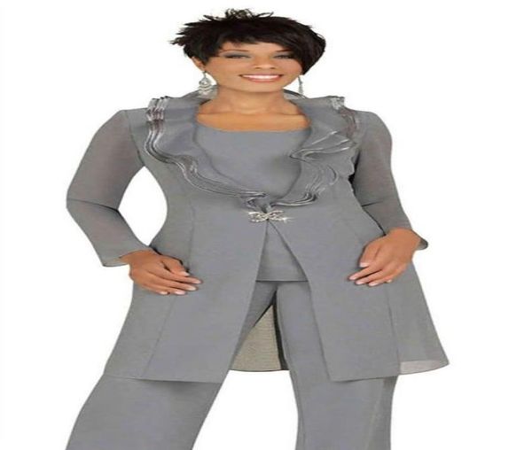 Mode gris argenté mère de la mariée robes pantalons costumes avec veste longue encolure unique un bouton tunique pantalon tenue de soirée2433590