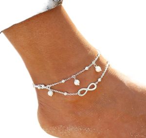 Été plage cheville argent plaqué simulé blanc perle balancent cheville symbole infini pied chaîne pieds bijoux prix de gros