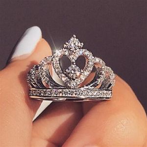 Mode argent anneaux cristal coeur anneaux femmes couronne Zircon anneau bijoux femmes fiançailles fête Whole2874