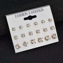 Fashion Simple 9 Pairsset Mix Moucles d'oreilles STAD SELT Square Géométrique pour les femmes Bijoux cristallins 240511