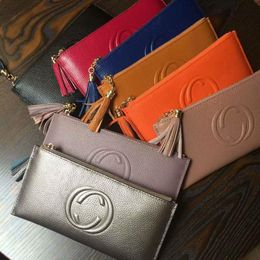 Monedero de cuero ultrafino simple a la moda con flecos Cremallera larga para mujer bolso de cuero vacuno suave cartera tarjetero nuevo estilo