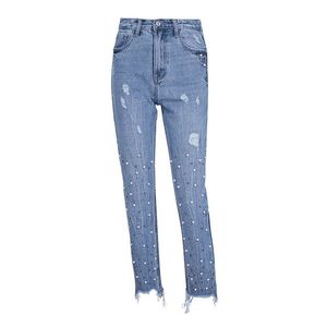 Mode-Simplee Pearl Kwastels Blauw Hoge Taille Jeans Vrouwelijke Streetwear Pocket Casual Jeans 2018 Zomer Denim Broek Vrouwen Bottom
