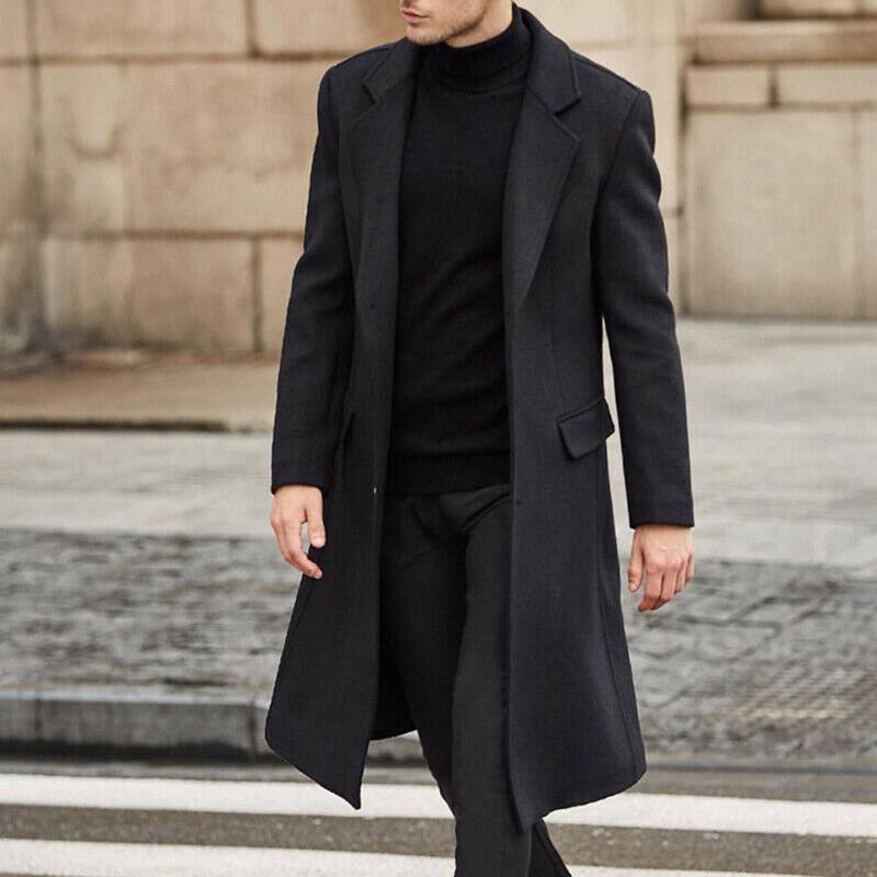 Erkek Yün Karışımları Moda Tek Göğüslü Uzun Ceket Erkekler Kalınlaşmak İngiliz Tarzı Düz ​​Renk Moda Sıcak Yün Palto # 3