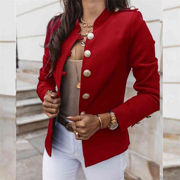 Moda solo pecho chaqueta de invierno sólido delgado femenino rojo negro botones manga ropa exterior oficina mujeres abrigo largo general G2055 210914