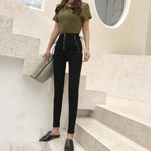 Mode skinny potlood jeans hoge taille elastische rits streetwear denim broek plus size vetersluiting sexy lift heupen vrouwelijke broek 240315