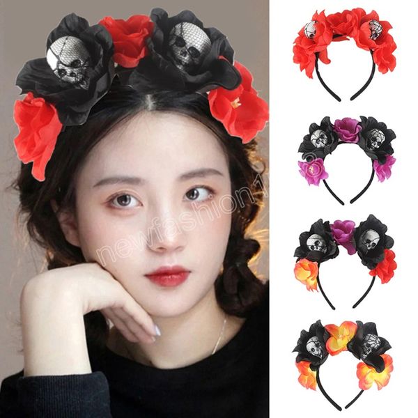 Mode crâne bandeau Rose fleur cheveux cerceau pour femmes filles Halloween diadèmes et couronne chapeaux accessoire