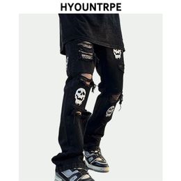 Mode Crâne Imprimé Denim Jeans Hommes Destoryed Trous Zipper Flare Hip Hop Streetwear Été Casual Joggers Pantalon 220328