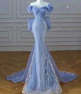 Moda céu azul lantejoulas baile vestido formal 2024 fora do ombro contas bowknot voltar mulheres sereia vestidos de festa de noite para aniversário robe de soriee