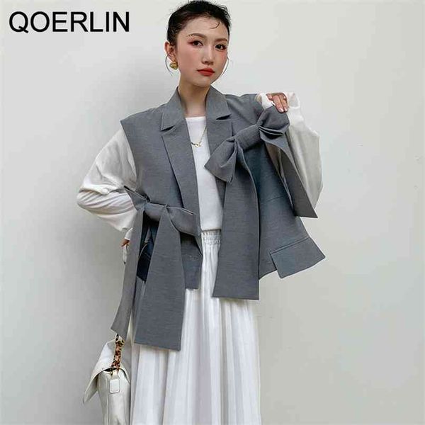 Mode Sans Manches Blazer Femmes Bureau Dames Formelle Veste Manteau Arc-noeud Costume Gilet Un Bouton Gris 210601