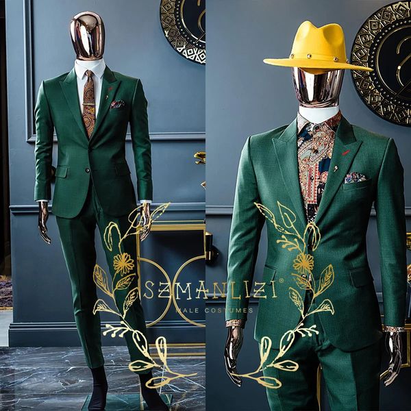 Mode Slim Fit messieurs costumes pour hommes 2 pièces vert foncé mariage marié smoking mâle fumer Costume veste pantalon 240122