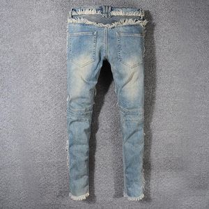 Mode slim fit heren rechte patchwork jeans vintage stijl mannen zomer gewassen denim fringe fietser broek