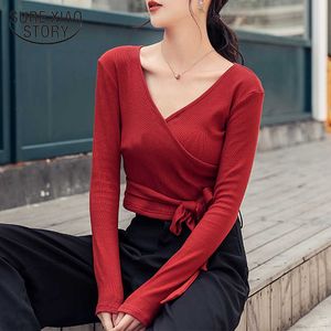 Moda Slim Spring Manga larga Mujeres Tops y blusas Sólido con cuello en V Red Bow Bottom Camisas de mujer Black Tight 8204 50 210527