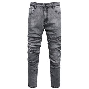 Jean de motard Slim et extensible, pantalon de moto gris plissé avec fermeture éclair, serré, à la mode, nouvelle collection 2022