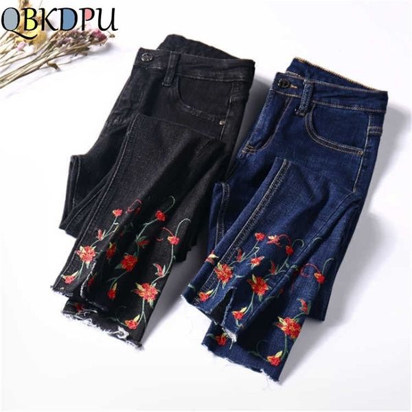 Mode Slim Stretch Flower Brodé Jeans pour Femmes Plus Taille Femme Crayon Pantalon Denim Mom Skinny Casual Taille High Taille Pantalon 201030