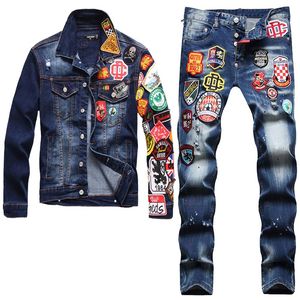 Mode Slim Survêtements Multi-badge Denim Veste et Jeans Deux Pièces Ensembles Automne Hiver Hommes Badge Brodé Manteau et Stre272H