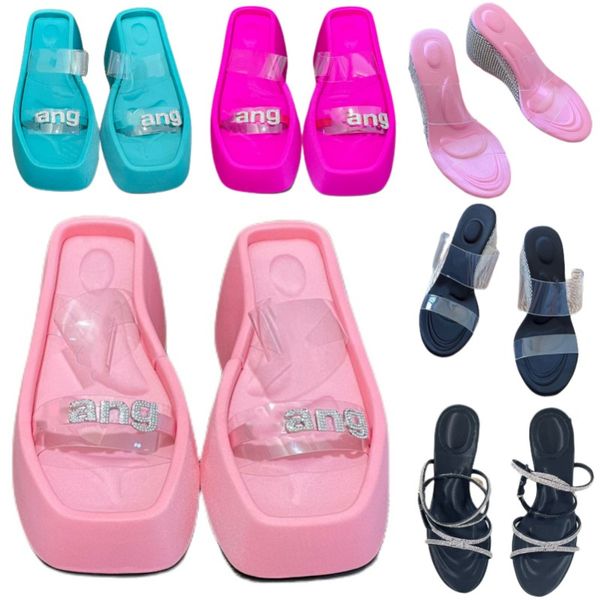 Pantuflas de moda, zapatos de diseñador de lujo, sandalias, zapatos de playa de suela gruesa, zapatos de plataforma de diamantes de imitación para mujer, tacones altos antideslizantes para exteriores, zapatos transparentes de gelatina de caramelo