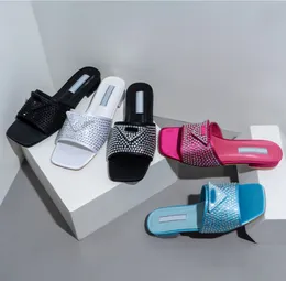 Zapatillas de moda, zapatillas de tacón bajo con logotipo de triángulo Rhinester para mujer, sandalias de mujer de tacón grueso con presentación de diapositivas