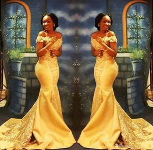 Élégant Jaune Africain Sirène Robes De Bal Longue 2023 Formelle De L'épaule De Luxe Perles Cristal Satin Arabe Trompette Robes De Soirée