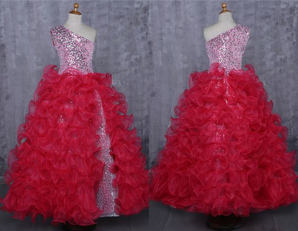 Vestidos de desfile para niñas con lentejuelas plateadas a la moda, vestido largo de noche de graduación de cristal con volantes de Organza de un hombro para niños 2021