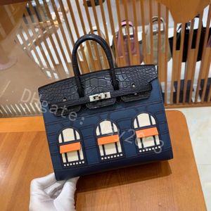 10s Designer Tas Small Huis Tote Bag Blue House 25 cm Crocodile Handtas Dames Crossbody Schoudertassen Alligator Echt lederen lederen Patchwork Sier Stamped