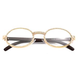 Gafas de sol redondas y pequeñas con diamantes para hombre y mujer, lentes transparentes de lujo, de madera y cristal ovalado, con diamantes de imitación