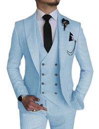 Fashion Smart Business Hemelsblauw Kostuum Homme Bruiloft Mannen Pakken Revers Bruidegom Tuxedos Terno Masculino Prom Blazer 3 Stuks 240117