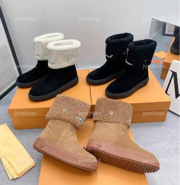 Botas de nieve de moda Diseñadores Mujeres Bota de tobillo de nieve plana Cuero de lana de invierno Botines de suela de goma antideslizantes Bota de gamuza impermeable Tamaño mullido cálido 35-41