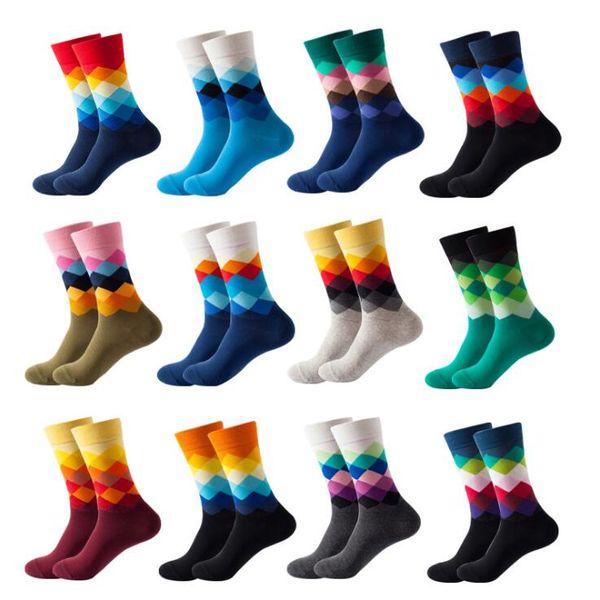 Chaussettes de mode Noël chaussettes en coton peigné coloré hommes décontracté automne chaussettes d'équipage de haute qualité motif diamant homme grande taille 2 pièces = 1 paires