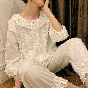 Mode zachte pure katoenen vrouwen casual witte bloemen pyjama sets vrouwelijke losse schattige nachtkleding plus size 210809