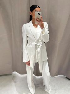 Mode Effen Riem Blazer Pak Vrouwen Vintage Revers Lange Mouw Jasje 2 Stuks Set Lente Chic Kantoor Dame Witte Broek past 240109