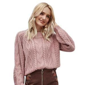 Suéteres de mujer moda Cable sólido Otoño Invierno 2021 suéter de punto mujeres cuello redondo manga completa jerseys sueltos señoras Top P1707